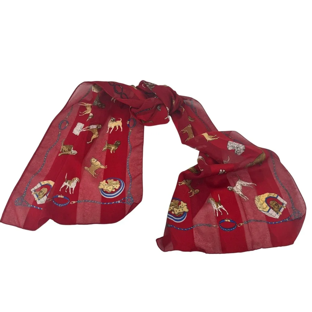 Womens Red Dog Print Rectangular Scarf Novelty‎ Puppy Pattern Sheer Lightweight